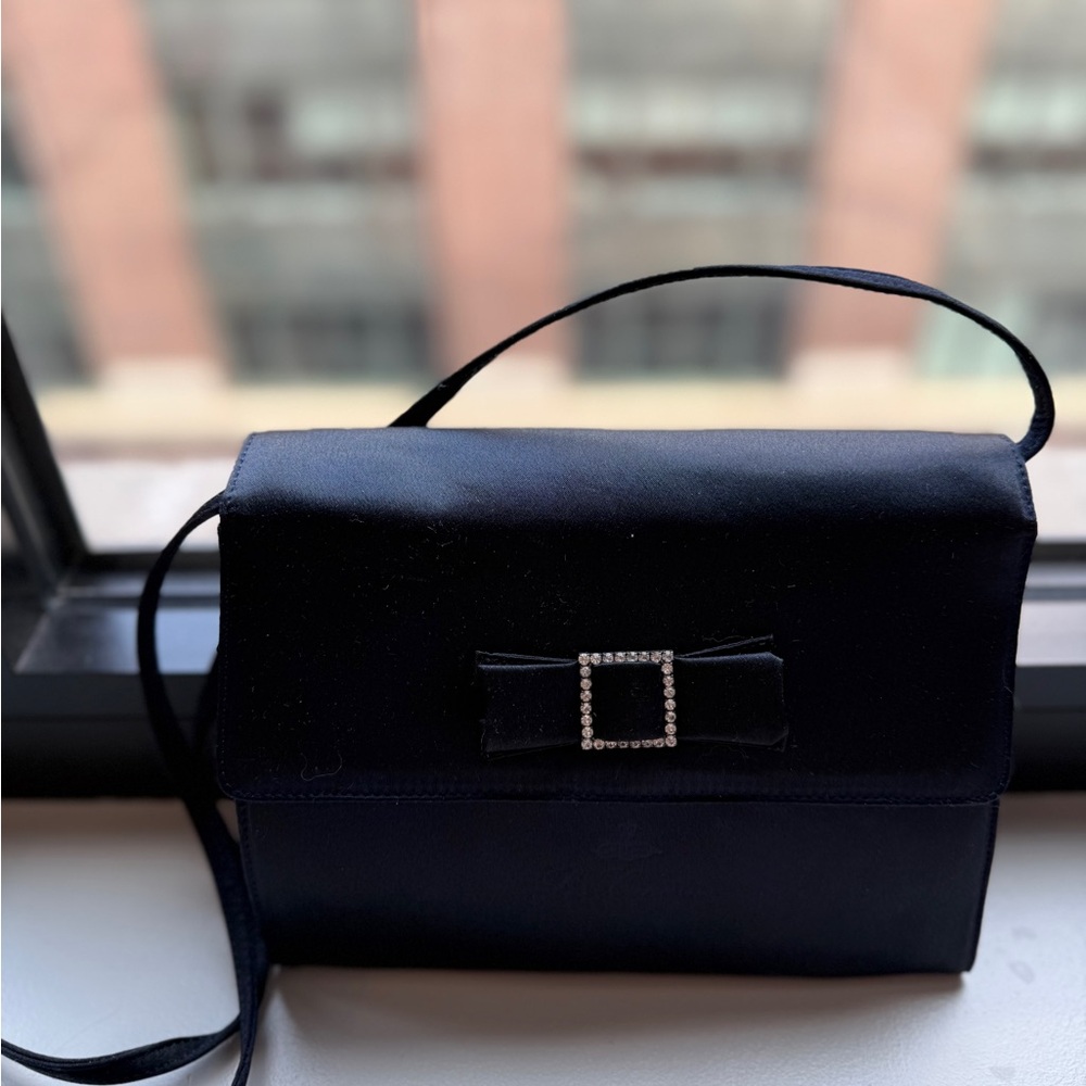 Les Copains Designer Silk Evening Black Clutch w. Bow and Crossbody Strap